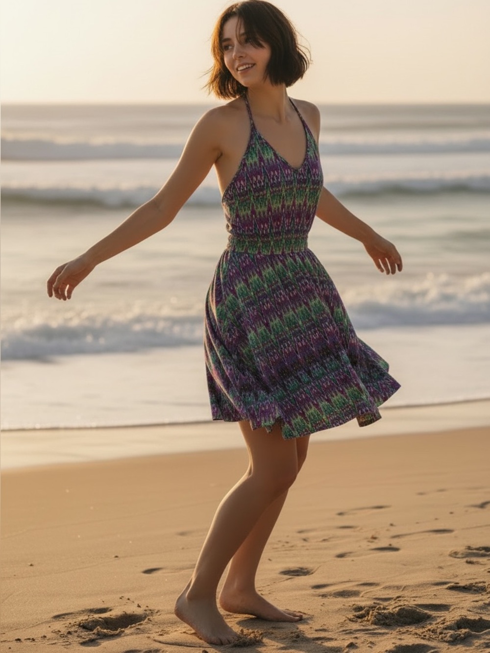 Kenneth Cole Reaction Pink, Green & Purple Printed Racerback Dress - Picture 1 of 7